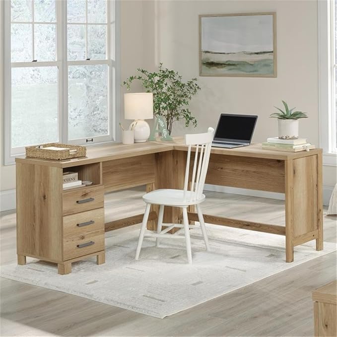 Pemberly Row Farmhouse L-Shape Engineered Wood Desk Timber Oak Finish 29.76 H x 65.12 W x 59.84 D File Drawer Open Shelf Home Office Desk for Storage &amp Organization