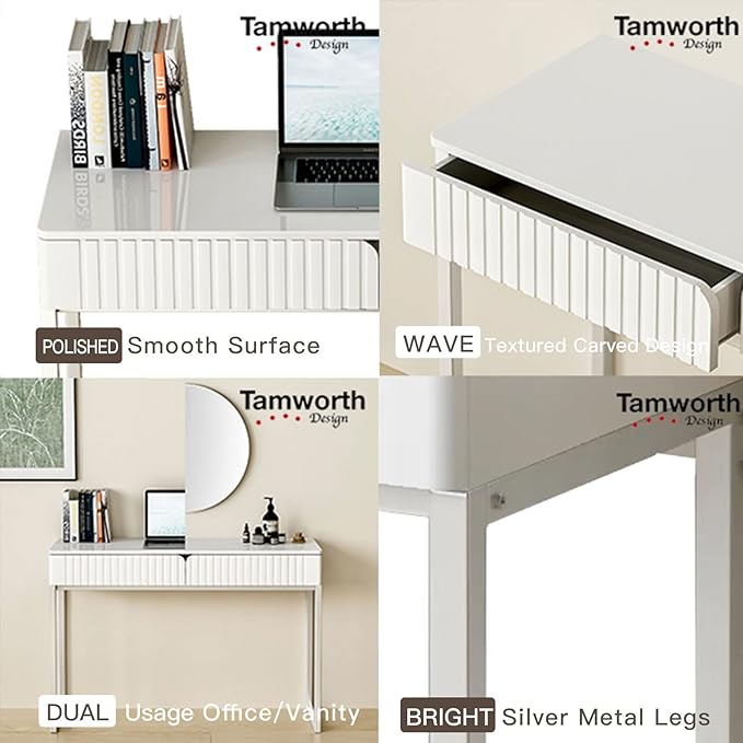 Modern Multi-Purpose Desk White &amp Antique Brass 43 L x 15.75 W 2 Large Drawers Computer/Vanity/Study Adult Size