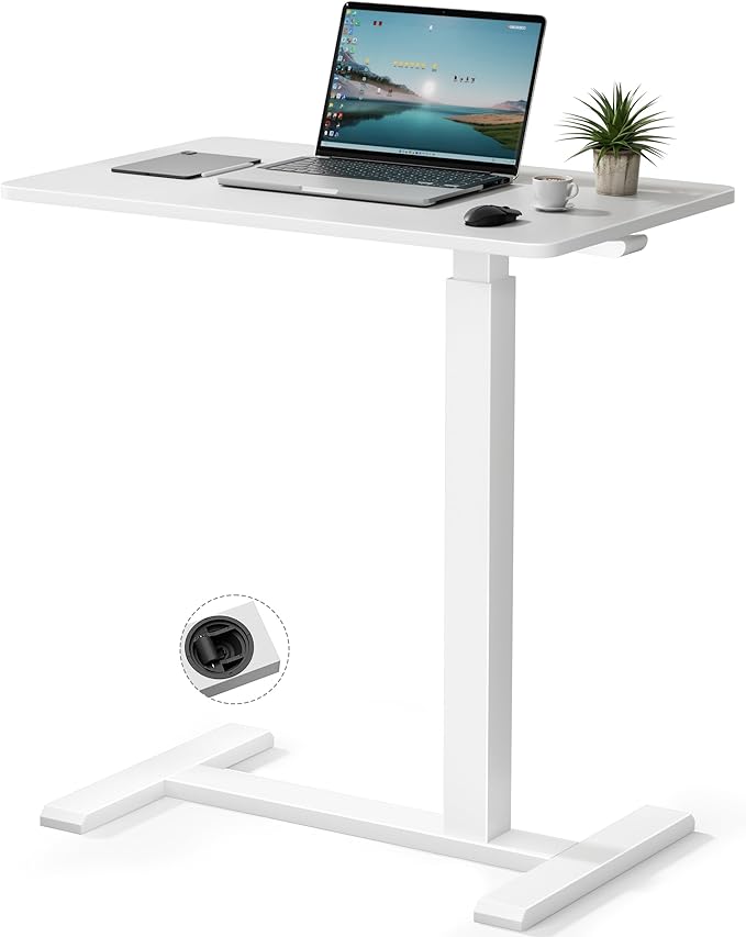 Rolling Teacher Standing Desk with Hidden WheelsPneumatic Mobile Laptop Table Height Adjustable Small Sit Standing Desk for Home OfficeWhite