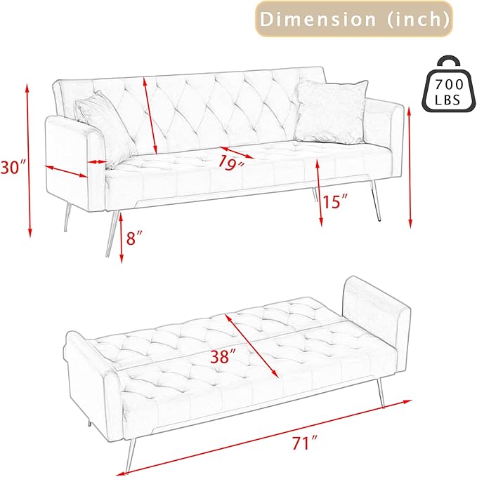 KINFFICT Velvet Futon Sofa Bed with 2 Pillows Convertible Sleeper Sofa Couch with 3 Angle Adjustable Backrest Modern Loveseat with 4 Golden Metal Legs for Living Room and Bedroom