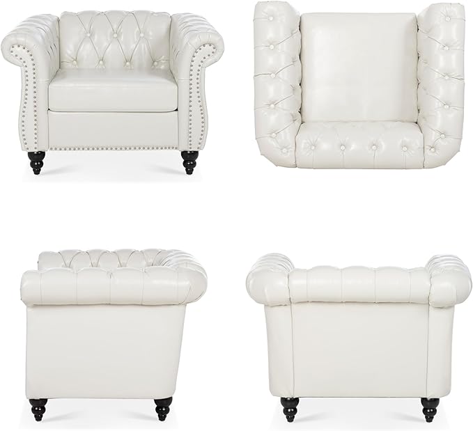 Accent Sofa Chair for Living Room Modern PU Leather Upholstered Armchair Oversized Comfy Single Sofa Chair with Cushion Mid Century Tufted Chesterfield Sofa Couch for Bedroom Apartment (White)