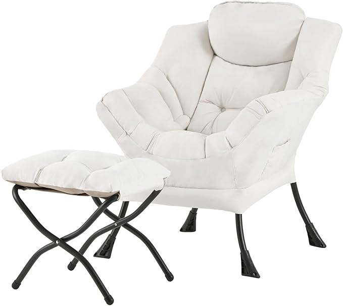 Tiita Lazy Chair with Ottoman Beige Modern Large Accent Chair Comfy Leisure Sofa Armchair with Ottoman Reading Chair with Footrest for Bedroom Living Room Dorm Rooms Beige