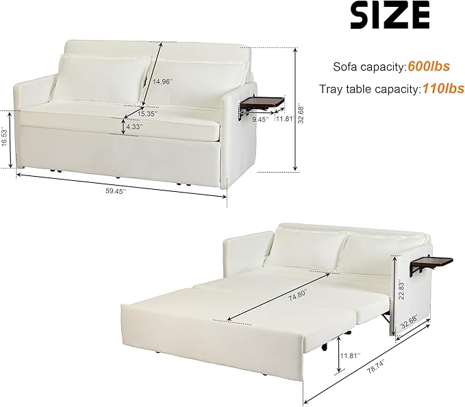 Livavege 59.45 Convertible Sofa Bed Velvet Futon Sleeper Sofa Loveseat with Pull-Out Couch Bed Foldable Tabletop USB &amp Type C Ports Recliner Sofabed for Living Room Bedroom Apartment White