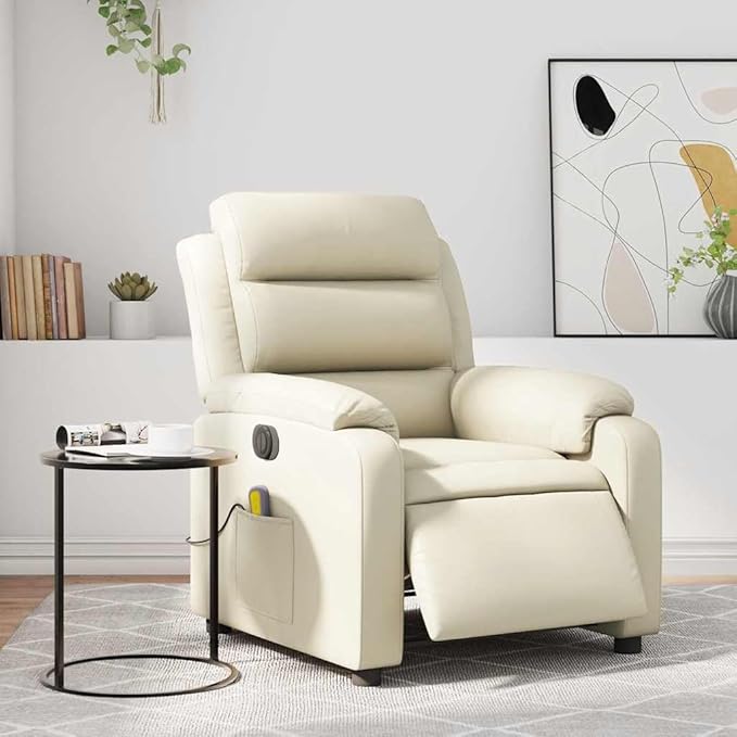 vidaXL Cream Faux Leather Electric Massage Recliner Chair - Vibrating 6-Point Massage Automated Reclining Padded Armchair for Living Room/Lounge