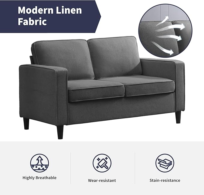 54.7 Loveseat Sofa for Small Spaces 2 Seat Modern Fabric Love Seat Mini Couch With Armrest Pockets Living Room Furniture Dark Grey