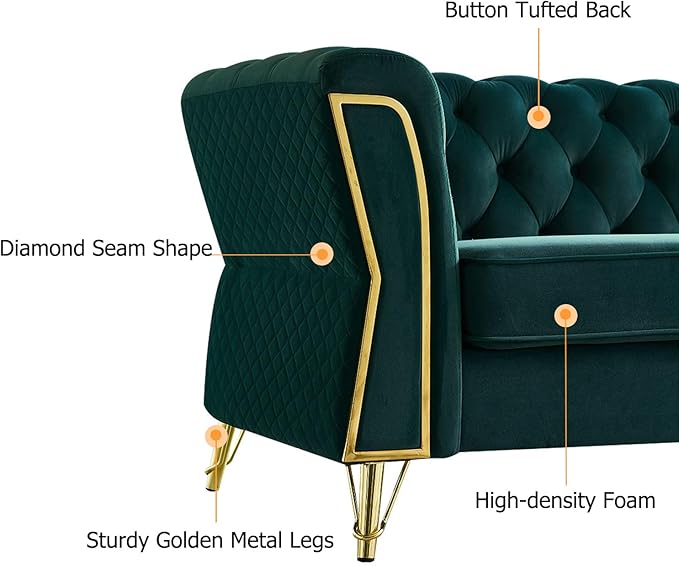 Modern Velvet Sofa Couch for Living Room 87.4 Inch Long Tufted Unique Upholstered Couch Oversized Sofa Decor Furniture with Golden Metal Legs (Green)