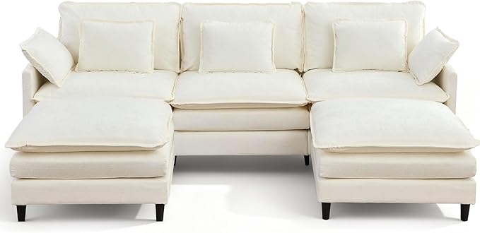 113 Chenille Modular Sectional Sofa Convertible L Shaped Modular Sofa Comfy Cloud Couch with Ottoman Side Pockets and 5 Throw Pillows for Living Room (White 113 - 5 Seats)