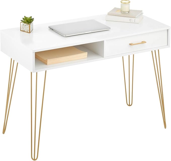 mDesign Metal/Wood Modern Minimalist Computer Desk - Computer Table with Drawer with Storage Cubby and Hairpin Legs - Small Work Desk for Home Office Study - White/Soft Brass