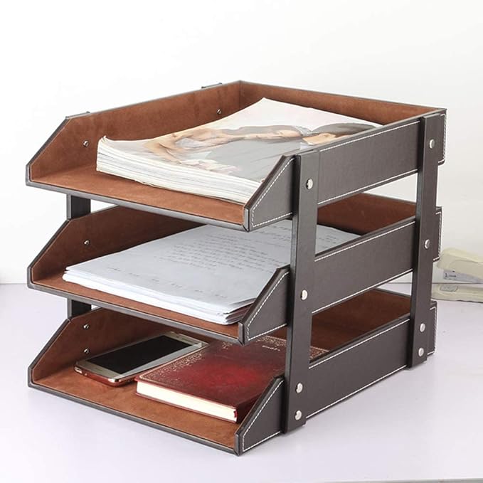 Very Sturdy 3 Tier Leather Desk File Rack for Office Supplies/Stationery/FolderStackable Letter Tray OrganizerDocument Filing Organizer Holder for Desktop Storage (Brown)…