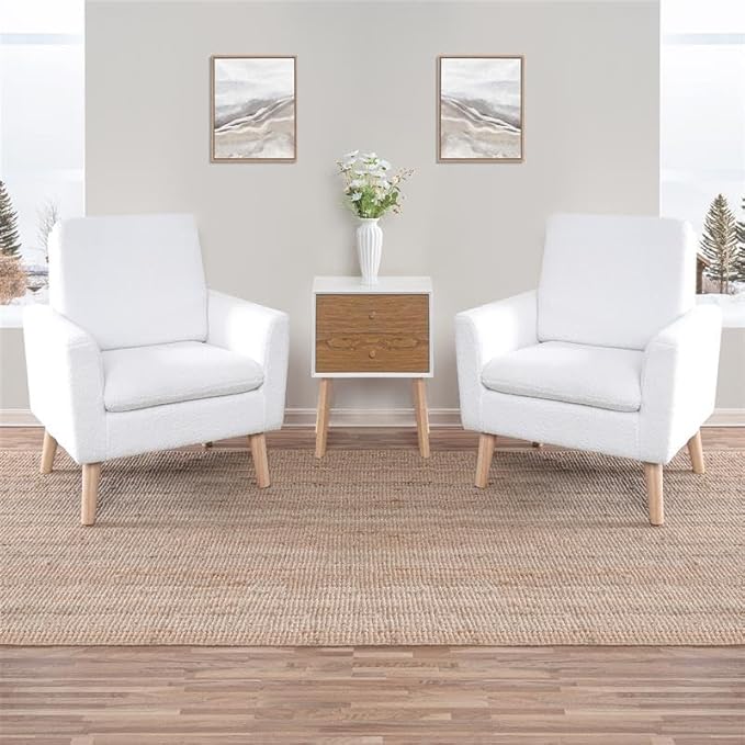 Naomi Home Frida Mid - Century Accent Chairs Set of 2 Durable Wood Frame Living Room Chairs Set of 2 Reading Chair with armrest Soft Teddy Fleece Side Chair Oak Legs arm Chairs - White