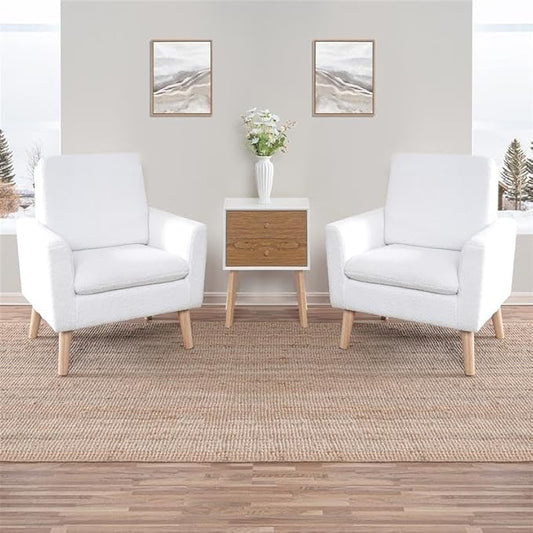 Naomi Home Frida Mid - Century Accent Chairs Set of 2 Durable Wood Frame Living Room Chairs Set of 2 Reading Chair with armrest Soft Teddy Fleece Side Chair Oak Legs arm Chairs - White
