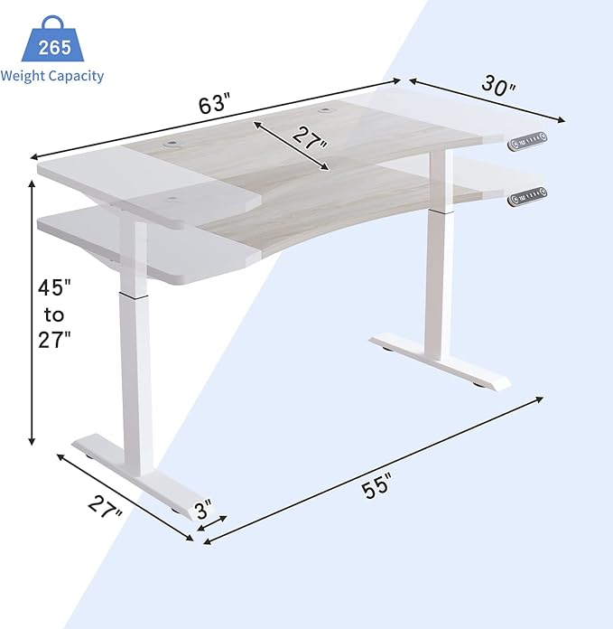 Dual Motor 63x30 Height Adjustable Electric Standing DeskHeight Stand Up Computer DeskSit and Stand Home Office Desk with Splice Board(Oak+White Top White Frame)