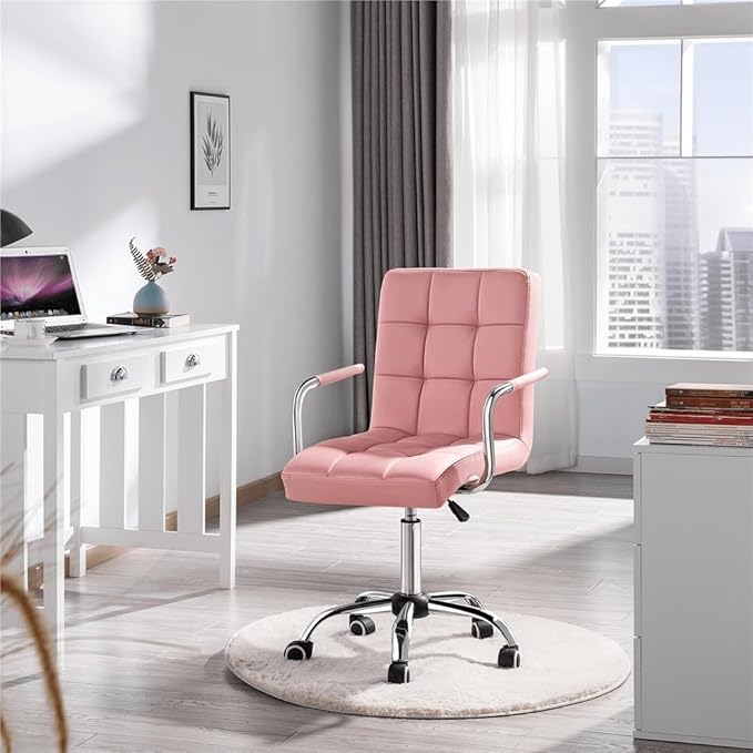 Butterslay Mid-Back PU Leather Office Chair with Armrests 360° Swivel Rolling Height Adjustable Desk Chair with Lumbar Support for Home Office Bedroom White/Pink/Brown/Retro Brown (Pink)