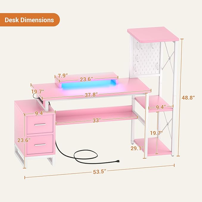 Computer Desk with 2 Fabric Drawers - Reversible Home Office Desk with Power Outlet &amp LED Lights 53 Writing Desk with Monitor Stand &amp Storage Shelves Gaming Desk Study Table with Pegboard