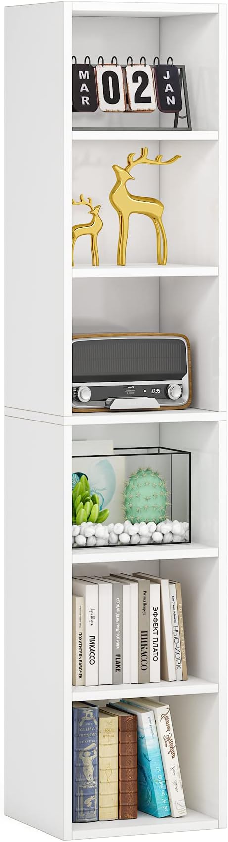 LITTLE TREE 70.9 Inch Tall Narrow Bookcase Corner Bookshelf 6 Tier Cube Display Shelf Storage Organizer for Small Space White