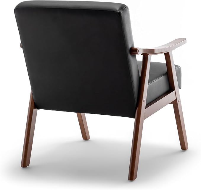 Mid Century Accent Chair Boho Farmhouse Accent Chairs for Living Room Retro Single Lounge Reading Armchair with Solid Wood Frame (Faux Leather in Black)