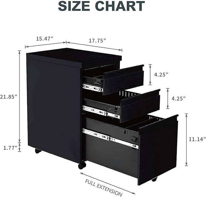 Yiguo 3-Drawer Mobile File Cabinet with Lock Rolling Office File Cabinet Under Desk Metal Filing Cabinet with Wheels for Legal Letter A4 File Size (Black)