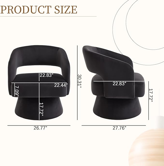 360 Degree Swivel Barrel Chair for Living Room Black Velvet Accent Armchair with Open Back Modern Comfy Reading Chair for Bedroom Cloud Boho Chairs for Office Club Lobby (Black)