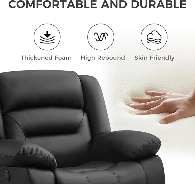 EBELLO Classic Power Recliner Chair Faux Leather Oversized Electric Overstuffed Chair with Thicked Cushion and Back Single Sofa with Comfortable Armchair Black 2Pcs