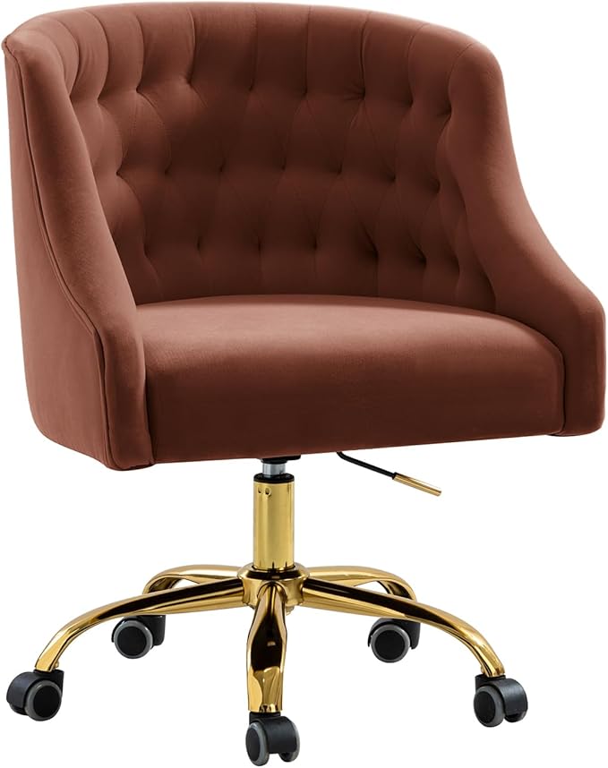 TINA'S HOME Velvet Home Office Chair with Gold Base Comfortable Modern Cute Desk Chair Adjustable Swivel Task Chair for Living Room Bedroom Vanity Study Burn-Brick