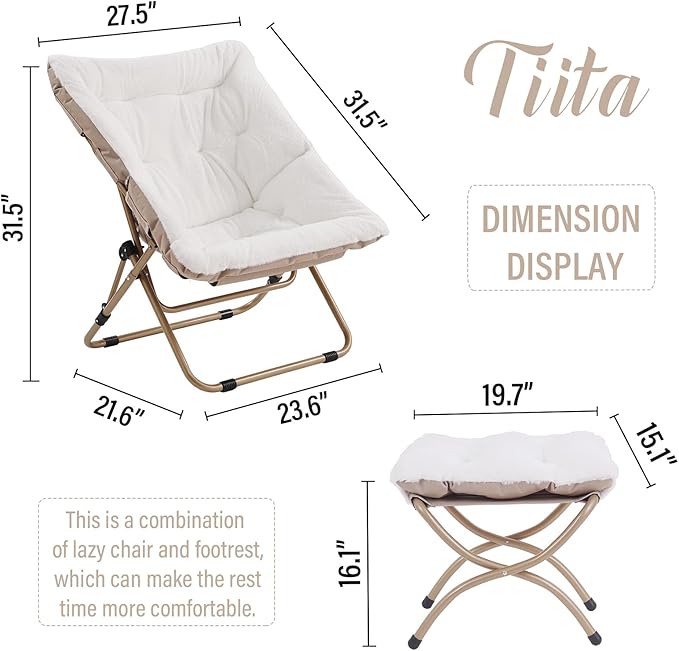 Tiita Folded Chair with Ottoman Soft Faux Fur Oversized Folding Accent ChairLazy Chair Metal Frame Moon Chair for Bedroom Living Room Dorm Rooms Garden and Courtyard