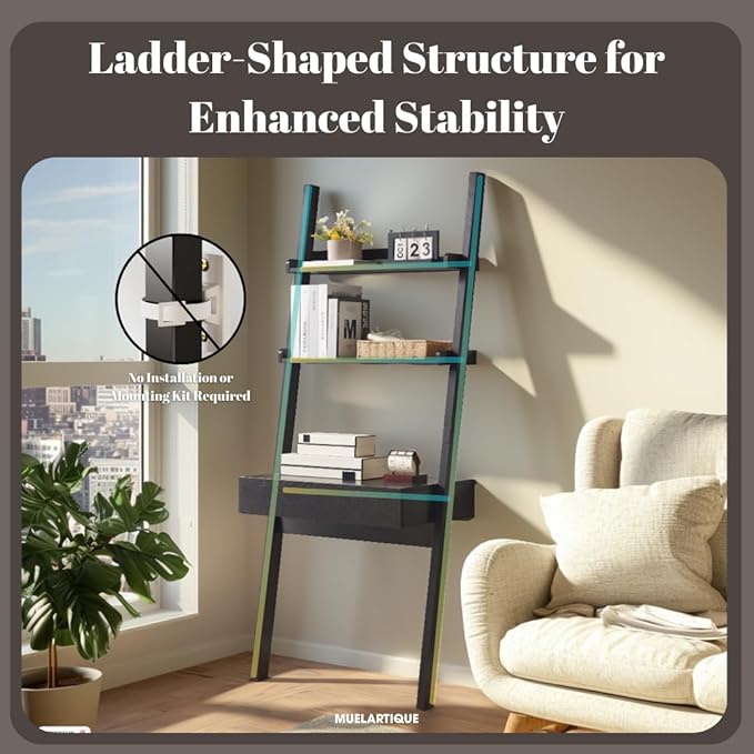 Ladder Desk with Drawer and Shelves Modern Home Office Desk with Bookcase Design Compact Writing Table Workspace for Small Spaces Handleless Design