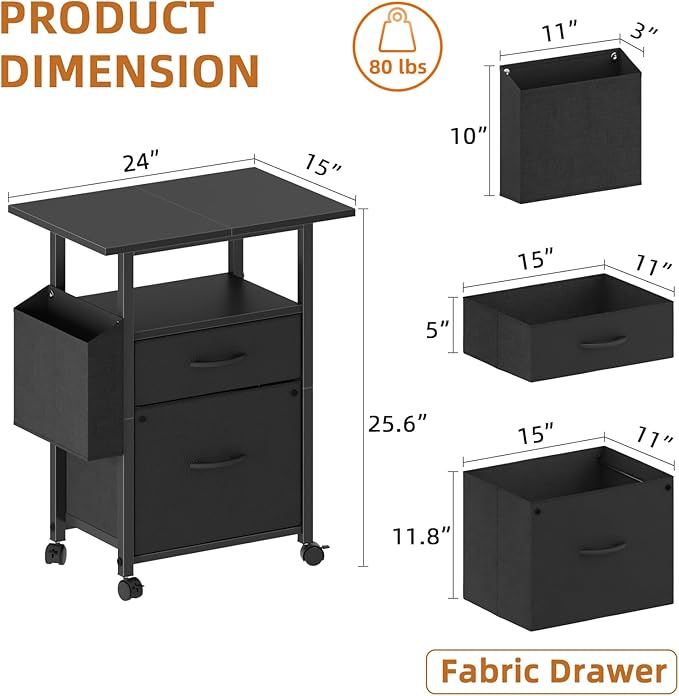 GYIIYUO 2 Drawer File Cabinet with 24'' Extended Desktop Mobile Filing Cabinet Rolling File Cabinet with Side Bag Fabric Drawer Fits A4/Letter Size Printer Stand Home Office Black