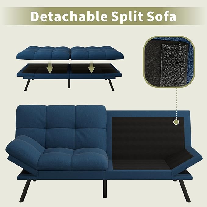 Vipbear 71 Futon Sofa Bed - Convertible Sofa Beds/Adjustable Backrest &amp ArmrestDetachable Cushion Loveseat Sleeper for Small Spaces Apartments &amp Offices Blue Futons