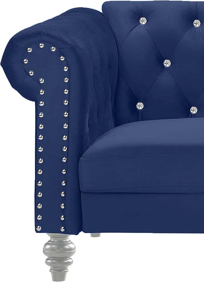 New Classic Furniture Glam Emma Velvet Three Seater Chesterfield Style Sofa for Small Spaces with Crystal Button Tufts Royal Blue