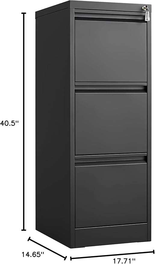 3 Drawer File Cabinet with Lock Small Filing Cabinet Under Desk Storage Organizer for Home Office Vertical Metal Locking DrawersBlack