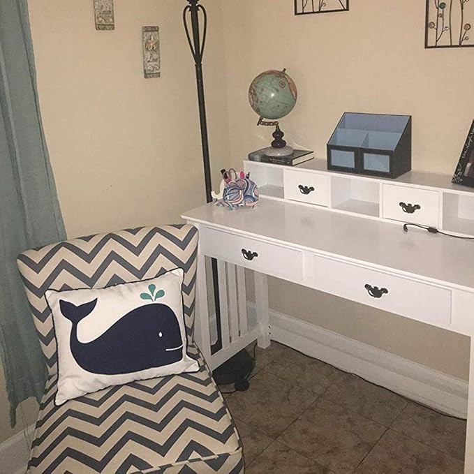 LDAILY Moccha Writing Desk with 4 Drawers Solid Pine Wood Legs Makeup Vanity Dressing 2-Tier Hutch Removable Floating Organizer Console Table Home Office Computer Spacious Work Station White
