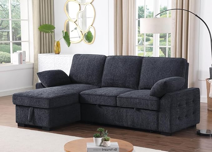 Lilola Home Mackenzie 91-inch Chenille Fabric Reversible Sleeper Sectional Sofa with Storage Chaise Drop-Down Table Cup Holders &amp USB/USB-C Charging Ports Easy Assembly Living Room — Charcoal