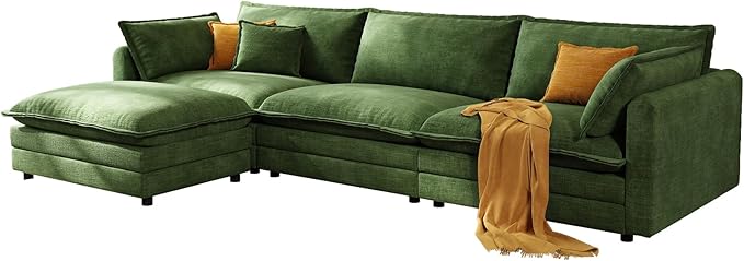 102'' Modular Sectional Sofa Green Couch Cloud Couches for Living Room L Shaped Couch with Movable Ottoman Modern Cloud Sectional Sofas for Bedroom and ApartmentGreen