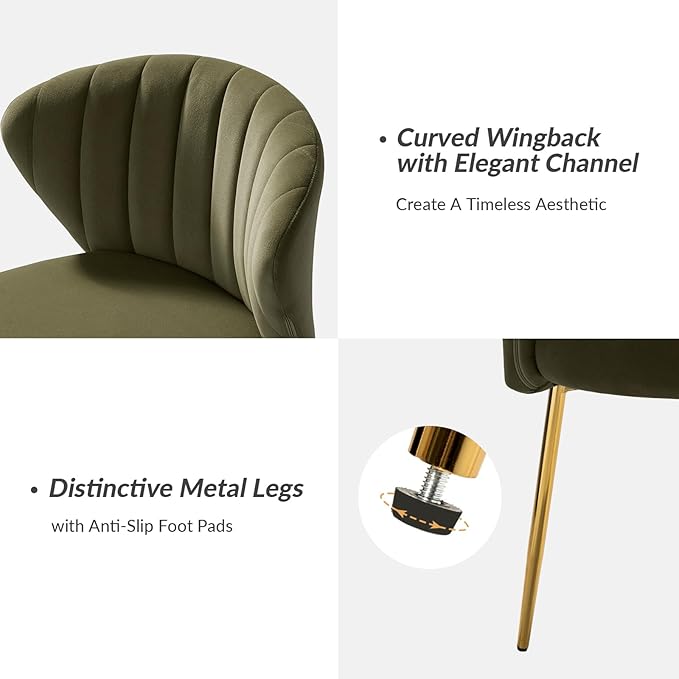 HULALA HOME Velvet Dining Chairs Modern Small Armless Accent Chair with Gold Metal Legs Living Room Upholstered Cute Side Chair Elegant Tufted Back Vanity Chair for Bedroom Moss