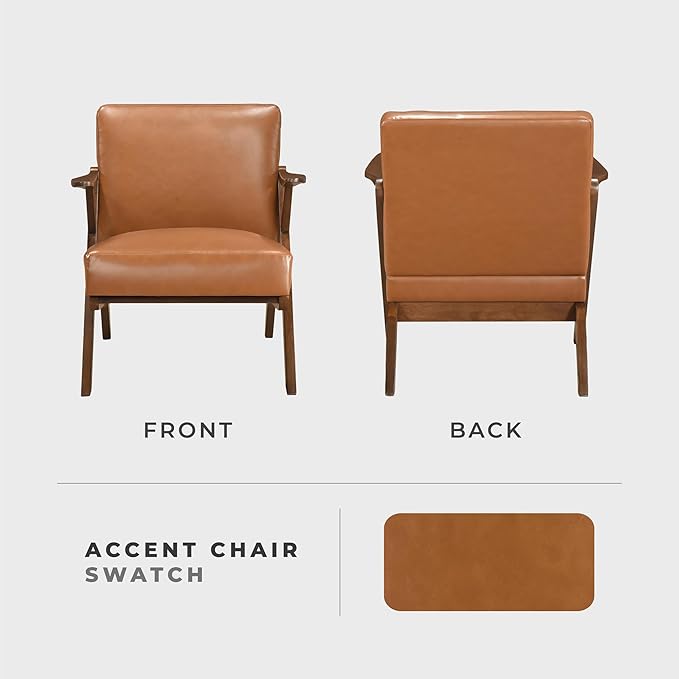 Lexicon Mid Century Modern Accent Chair Faux Leather Upholstered Lounge Seat Brown Finish Solid Wood Framed Comfy Side Chair for Living Room/Bedroom/Office/Waiting Area Brown