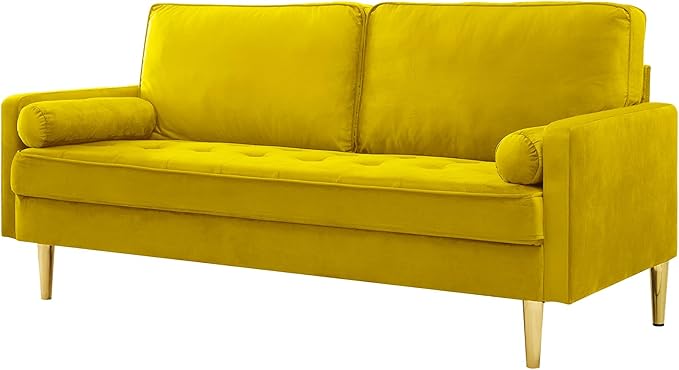 65'’ Velvet Upholstered Loveseat Sofa with Gold Metal Legs Modern Tufted Backrest Couch Solid Wood Frame for Living Room BedroomApartmentOfficeSmall Space (Yellow)
