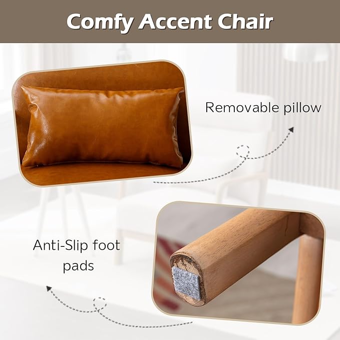 INZOY Mid Century Modern Accent Chair with High Back PU Leather Reading Armchair with Waist Cushion Upholstered Wood Frame Living Room Chairs for Bedroom Sunroom Camel