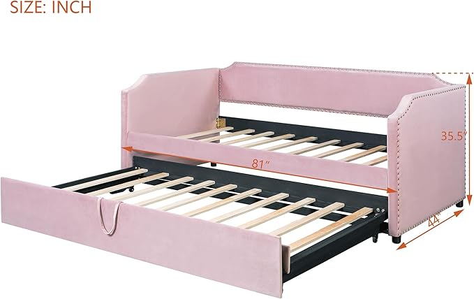 Flieks Twin Size Velvet Upholstered Daybed with Pop-Up Trundle 2-in-1 Convertible Sofa Bed for Small Space Modern Daybed for Guest/Kids Room in Pink (Mattress Not Included)