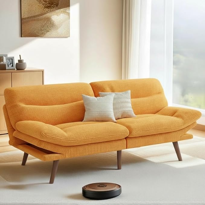 Pipishell Futon Sofa Bed 66 Inch Corduroy Futon Couch Convertible with Adjustable Backrest and Armrests Recliner Sleeper Sofa for Small Spaces Living Room Office Guest Room (Yellow 66 Inch) | Ad