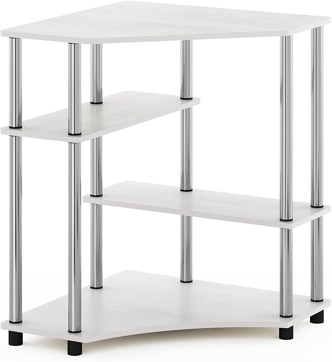 Furinno TURN-N-TUBE Desk Corner Gaming Desk with Storage Shelves Corner Computer Desk Office Desk for Home Office Bedroom White Oak/Stainless Steel Tubes