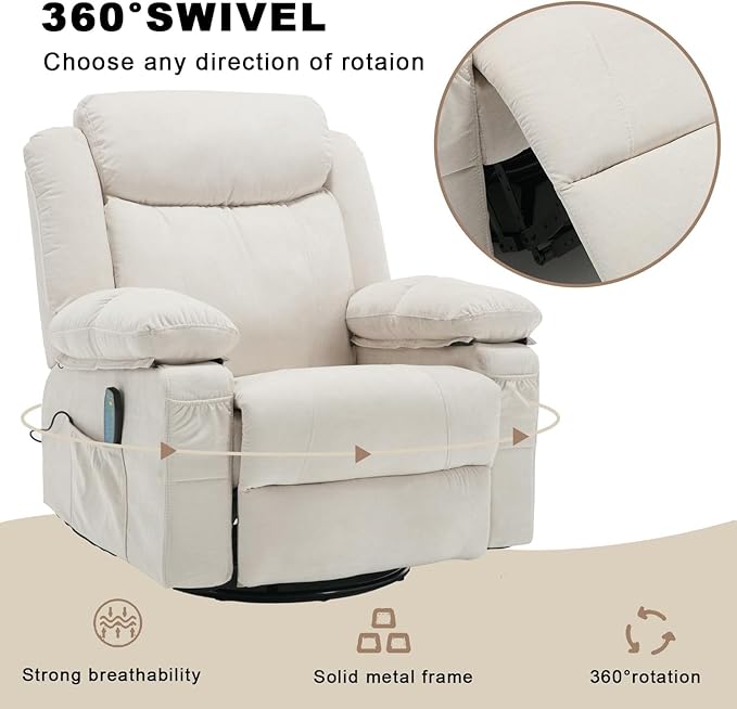 Swivel Rocker Massage Recliner Chair with Heat Overstuffed Fabric Rocking Recliners Single Sofa for Adult Manual Reclining Recliners Home Theater Lounge Chairs for Living RoomWhite