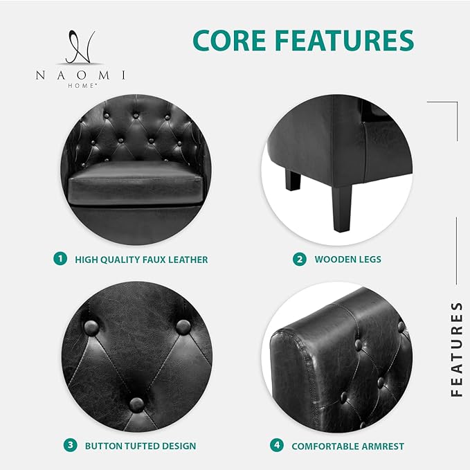 Naomi Home Emma Faux Leather Accent Seating Modern Tufted Design with Wooden Legs Supportive Back for Living Room Bedroom or Office – Black