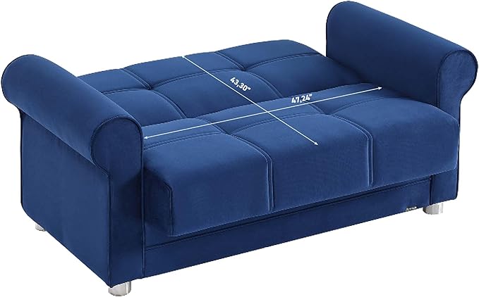 Sweet Home Stores 61 Loveseat with Storage Firm Fabric 2 Seater Convertible Small Sleeper Couch Bed for Living Room or Home Office Blue