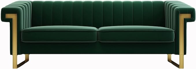 Mid-Century Modern Green Velvet Sofa with Gold Metal Legs 83.86 Luxury Chesterfield Comfy Couches for Living Room (Velvet Green)
