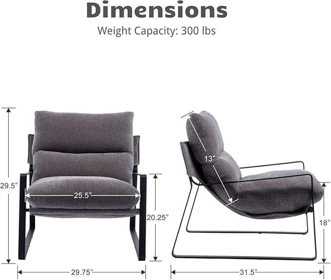 HEAH-YO Modern Accent Chairs Set of 2 Linen Fabric Living Room Chairs with Removable Cushion and Solid Metal Frame Comfy Reading Chairs for Bedroom Grey