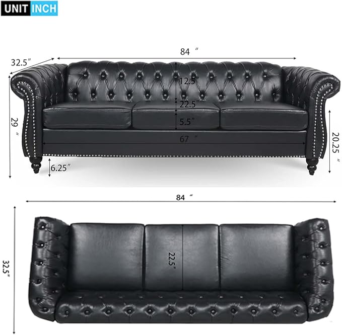 84 Chesterfield Couch PU Leather Modern Rolled Arm Tufted Back 3 Seater Sofa Upholstery Nailhead Trim Couches for Living Room Office (Black)