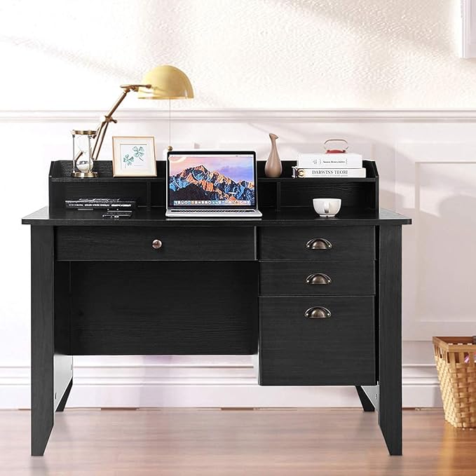 GRAFFY Wooden Computer Desk 4 Storage Drawers &amp Bookshelf Executive Study Desk Table Writing Study Desk Home Office Vintage Desk (Black)