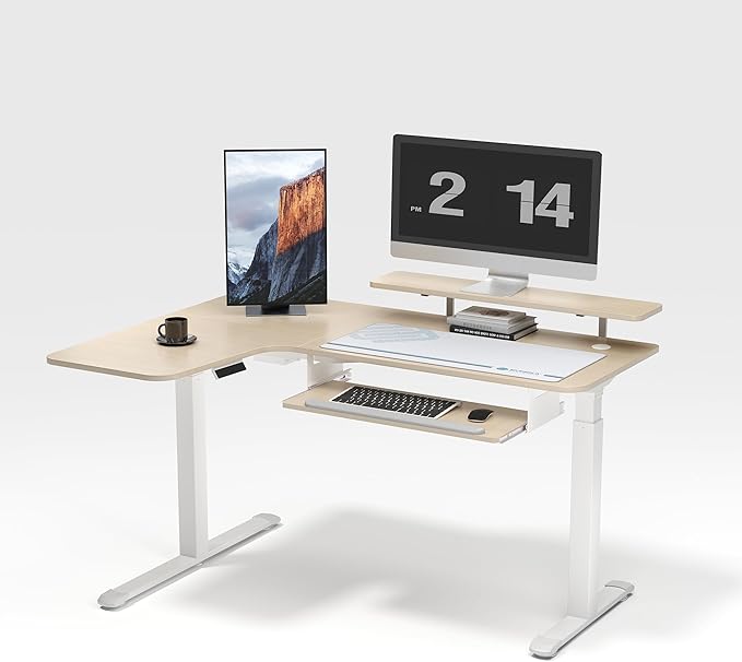 EUREKA ERGONOMIC 55 Inch L Shaped Electric Standing Desk Height Adjustable Computer Gaming Desk with Keyboard Tray Mouse Pad Home Office Work Maple Wood Left Side