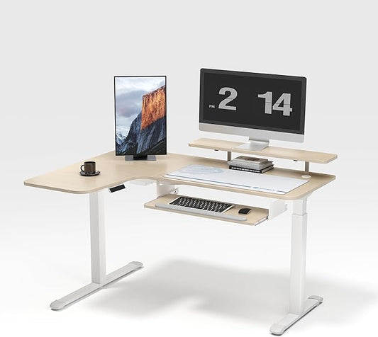 EUREKA ERGONOMIC 55 Inch L Shaped Electric Standing Desk Height Adjustable Computer Gaming Desk with Keyboard Tray Mouse Pad Home Office Work Maple Wood Left Side