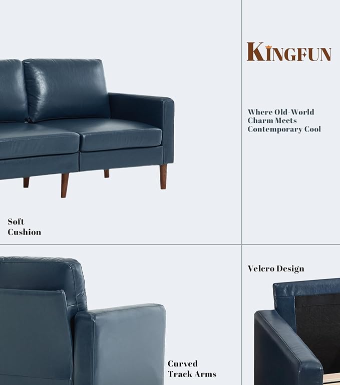 Kingfun Faux Leather Sofa with Loveseat and Chair 2 &amp 3 Seater Couch Mid Century Modern Couches with Solid Wood Legs for Living Room &amp Bedroom Navy Blue